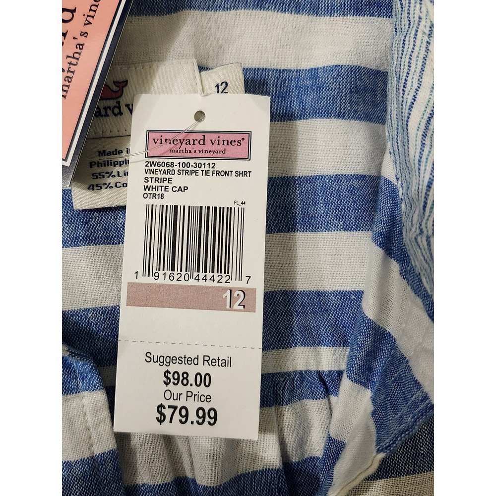 Vineyard Vines Womens Stripe Tie-Front Shirt Blue/White Size 12 Linen Button-Up - Picture 14 of 15